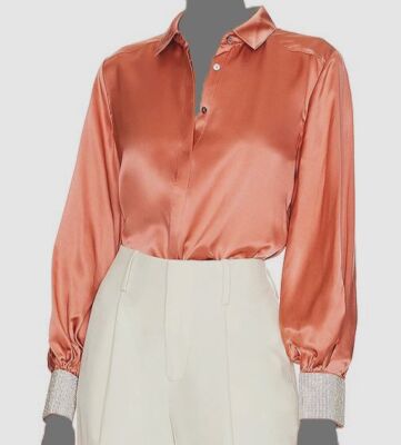 $465 Cinq A Sept Women's Pink Selina Embellished Cuff Silk Shirt Top Size 2XS