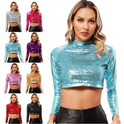 FEESHOW AU Women's Shiny Metallic Long Sleeve Crop Tops