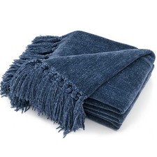 50x60 Inch Blue Soft Cozy Chenille Throw Blanket Fringe Tassel Home Decor