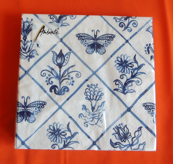 20 Servietten Fliesen Blau Weiß Muster 1 Packung Ambiente Schmetterlinge Blumen-image