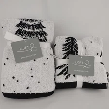 Set of 6 Loft 2 Hand Towels & 4 Washcloths Christmas Trees Tree Black White
