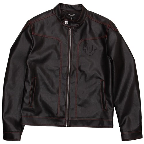 True Religion Mens XL PU Moto Jacket Black Red Contrast Stitch Full Zip Biker - product listing photo