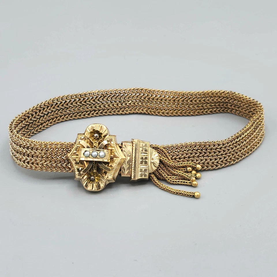 1870s Victorian Gold Fill Etruscan Flower Pearl Mesh Tassle Slide Bracelet 22.8g - Image 2 of 4