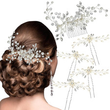 5 Pieces Wedding Hair Accessories: Pearl Crystal Rhinestone Hair Comb, Hair Pins