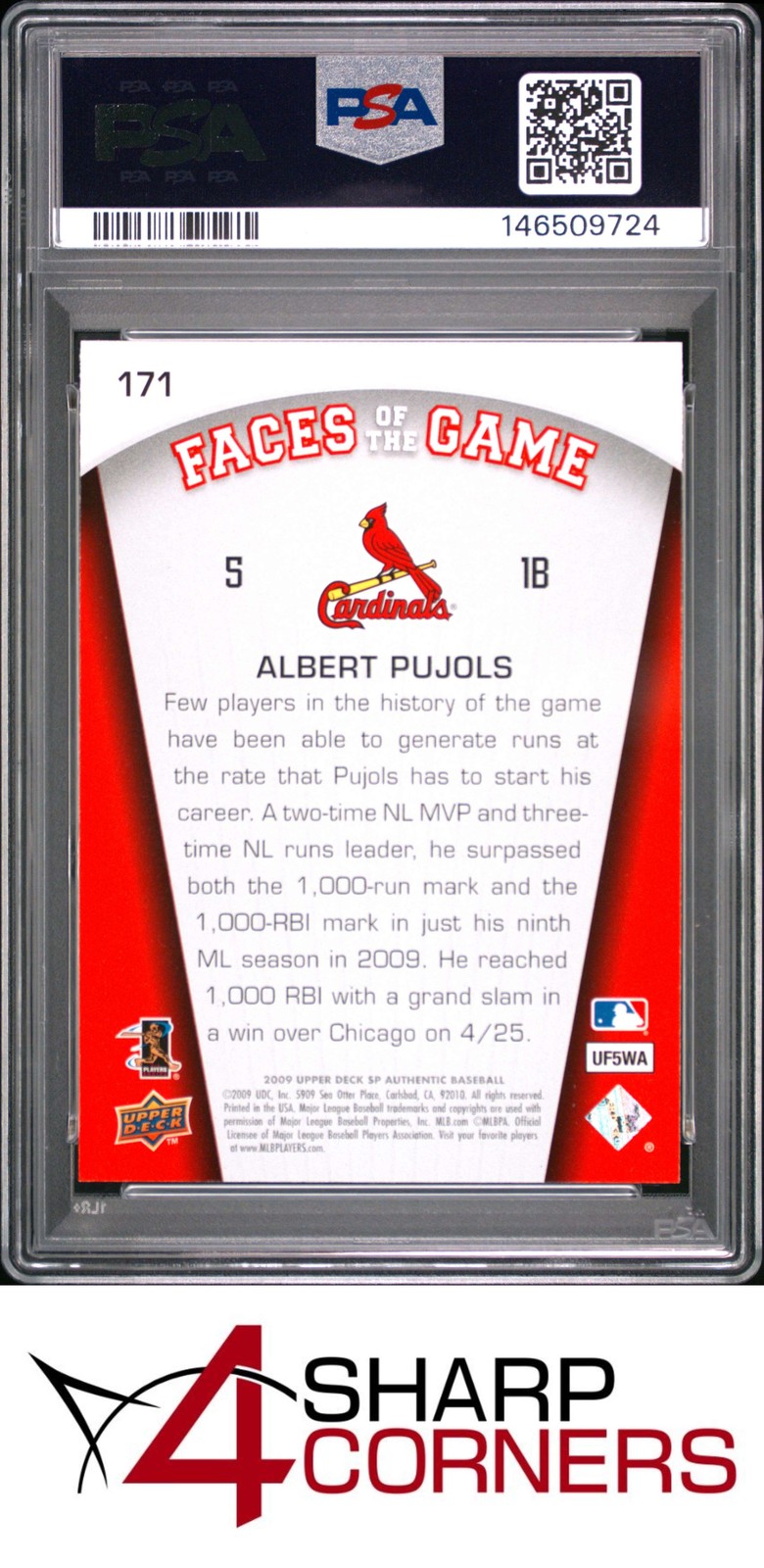 2009 SP AUTHENTIC #171 ALBERT PUJOLS CARDINALS POP 4 PSA 10 view 2
