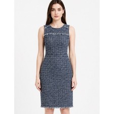 J.Crew Blue Tweed Sheath Dress 8 Sleeveless Fringe Career Office Preppy Corpcore