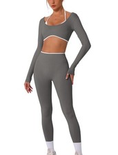 2 Piece Workout Sets for Women Contrast Panel Long Sleeve Halter Crop Top and...