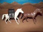 Two original vintage Giant Fort Apache playset Marx 54mm pack horses w/ a pack