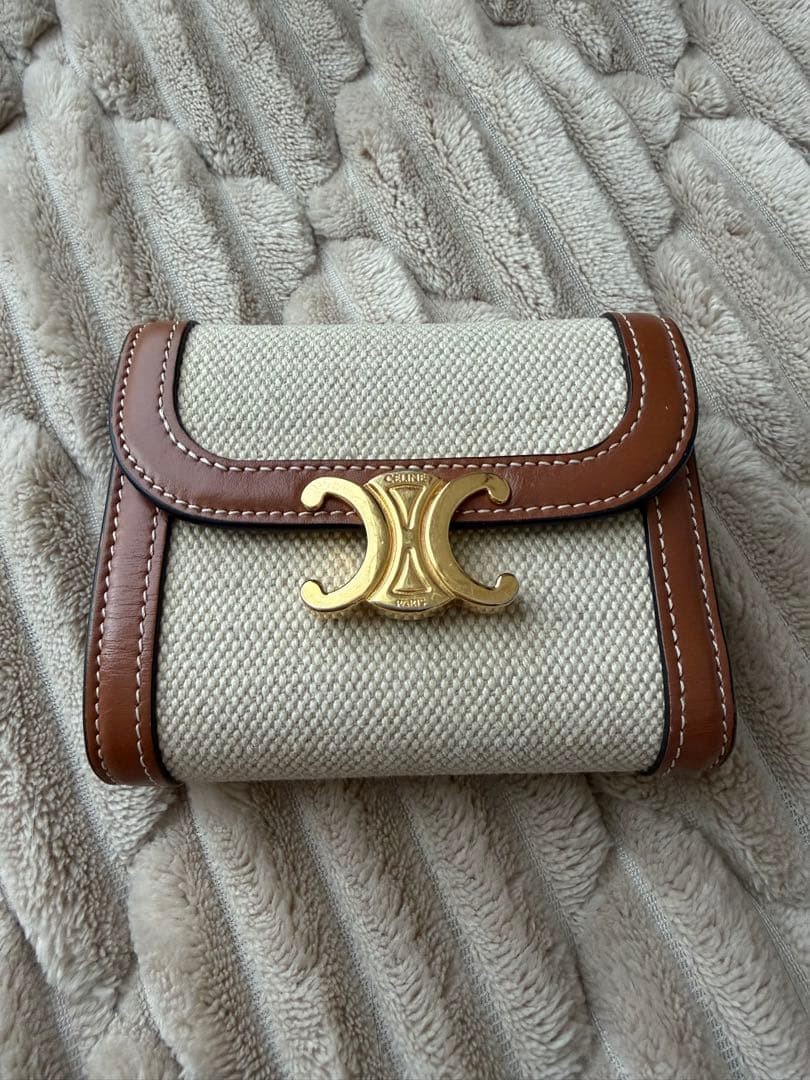 Celine Triomphe Small Wallet Canvas Leather Trifold with Box Dust Bag Rare image 2