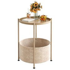 Small Round Side Table with Felt Storage Basket, Metal End Table with Removab...