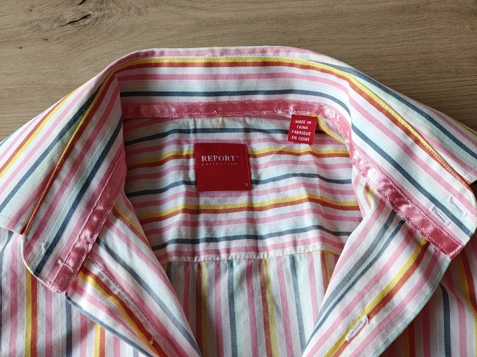 Report Collection Men Cotton Shirt, Pink Striped Print, Rose Rainbow, S size - Image 4 of 4