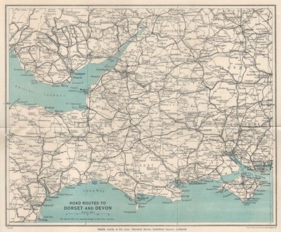 STRAßENROUTEN NACH DORSET & DEVON. Vorautobahnen. Südwestengland 1937 alte Karte