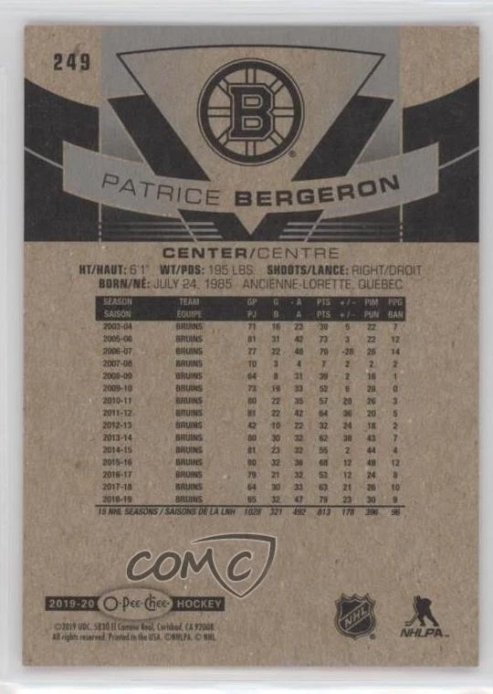 2019-20 O-Pee-Chee Wrapper Redemption Red Patrice Bergeron #249 - Image 2 of 2