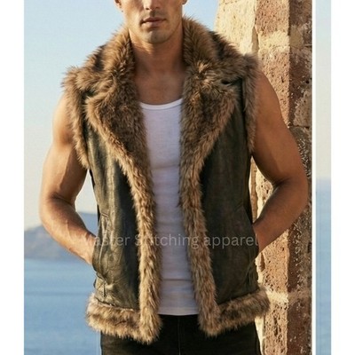 Mens Leather Waistcoat RAF B3 Shearling Fur Gilet Outdoor Vest Jacket All Sizes