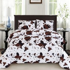 3 Pieces Boys Twin Comforter Set, Brown White Cow Print Kids Bedding Set with...