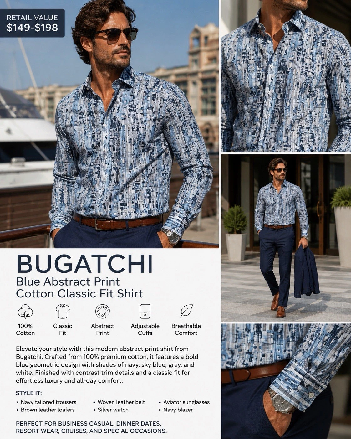 Bugatchi Shirt M Blue Abstract Print Cotton Classic Fit $150 Retail
Opens in a new window or tab