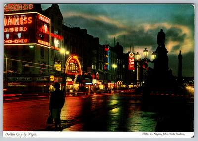 c1960s Dublin City Night O'Connell Street John Hinde Ireland Postcard