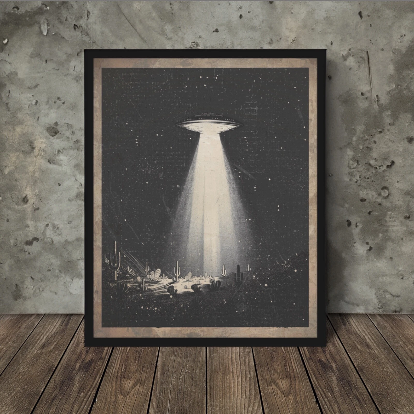 Vintage UFO CELESTIAL Wall Art, Sci-fi Western Desert Decor, Cactus Alien Poster