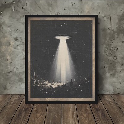 Vintage UFO CELESTIAL Wall Art, Sci-fi Western Desert Decor, Cactus Alien Poster