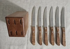 JERO 8"  STEAK KNIFE~Wooden Handle 6 Piece With Wooden Block