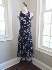 Tahari Sleeveless Blue & Gold Floral High Low Midi A-Line Dress ~ Women’s 4 NWT