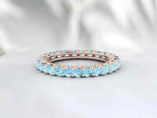 Round Blue Topaz Gemstone Full Eternity Band Ring 14k Rose Gold Plated Silver