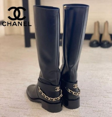 Unused [CHANEL] CC mark chain long boots | eBay