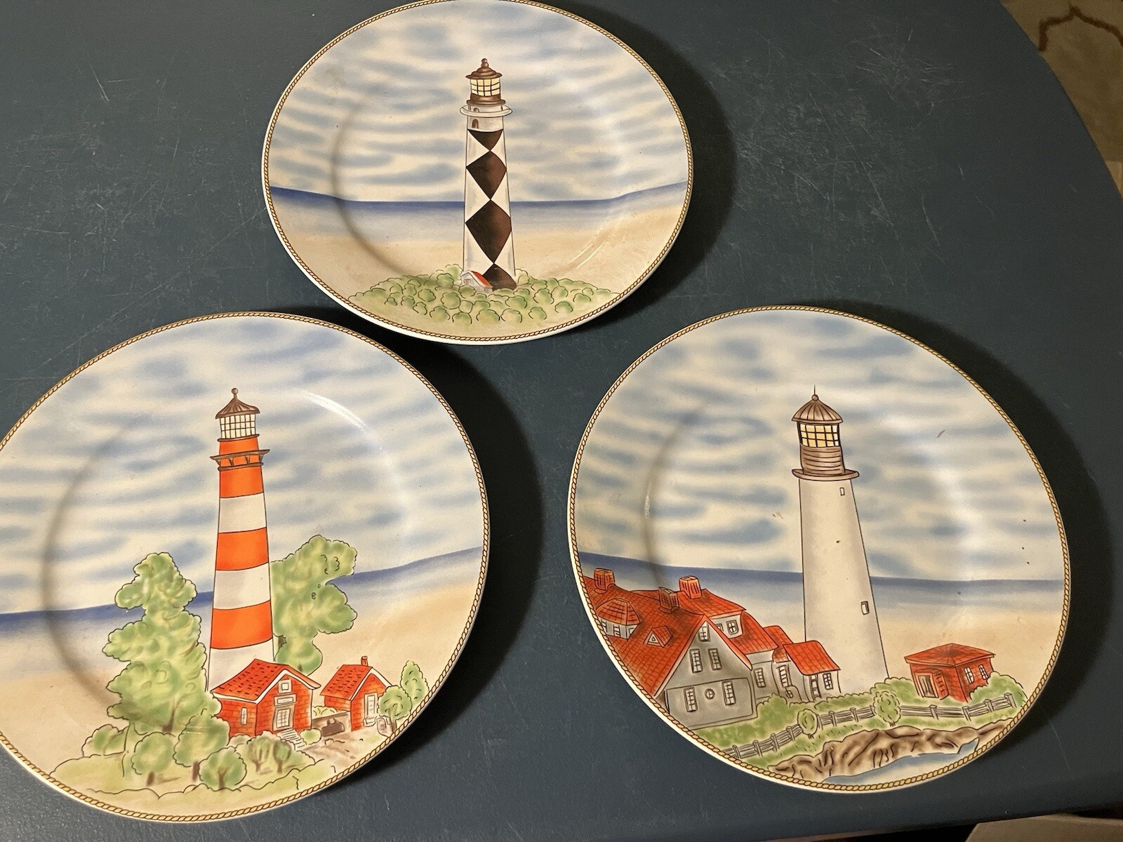 Royal Norfolk Lighthouse Salad Plates (3 Set)/Vintage/Collector/Decor/Art