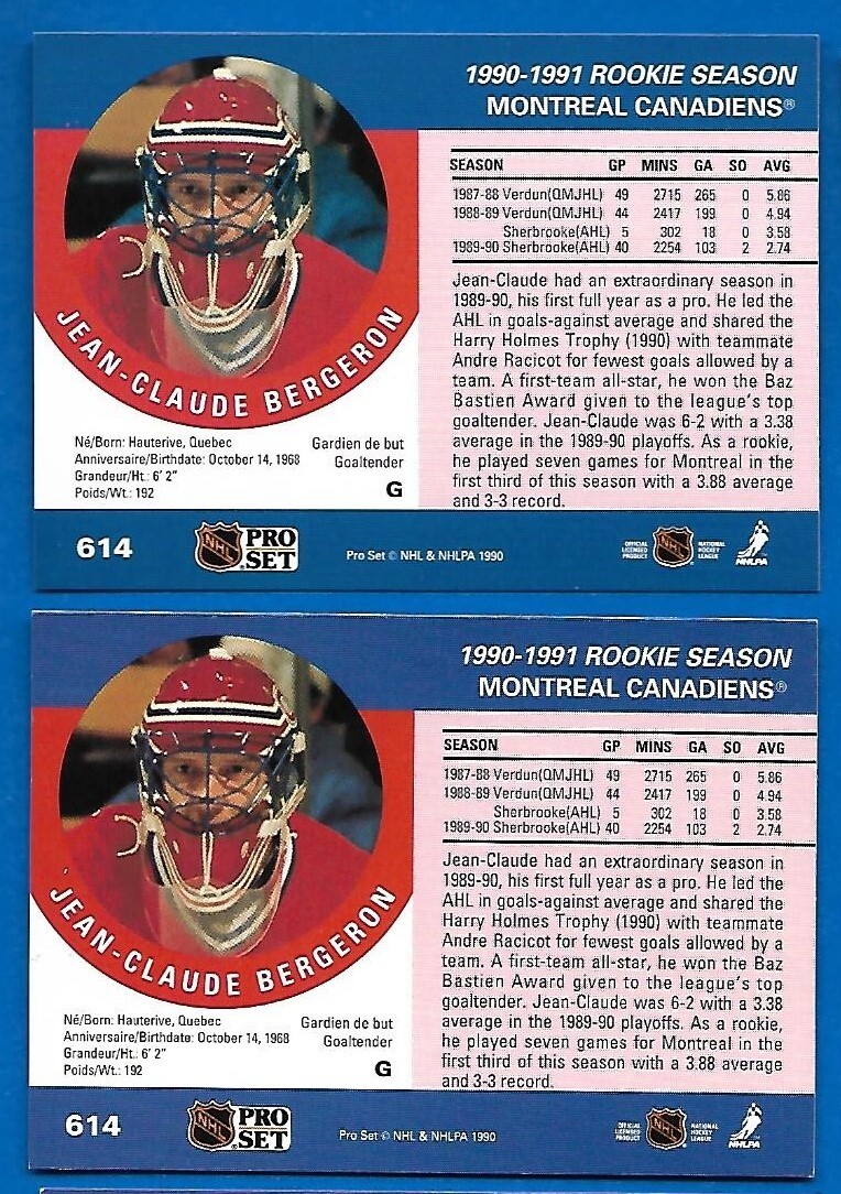 #614 J C BERGERON RC ERROR SHIFTED STATS + CORRECTED 1990-91 PRO SET CANADIENS