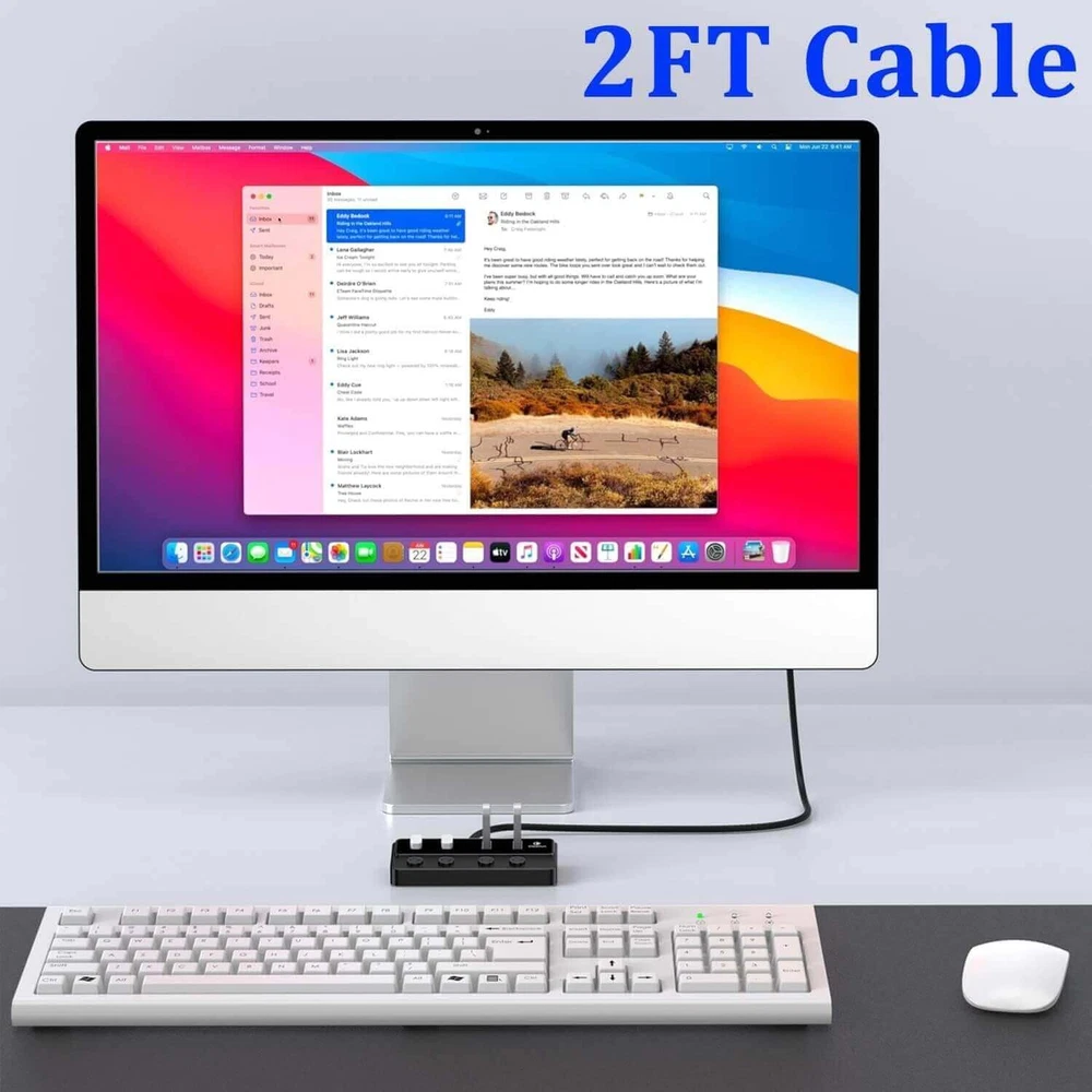 Eefun 4-Port USB 3.0 Hub with LED Power Switches & 2ft Extension Cable