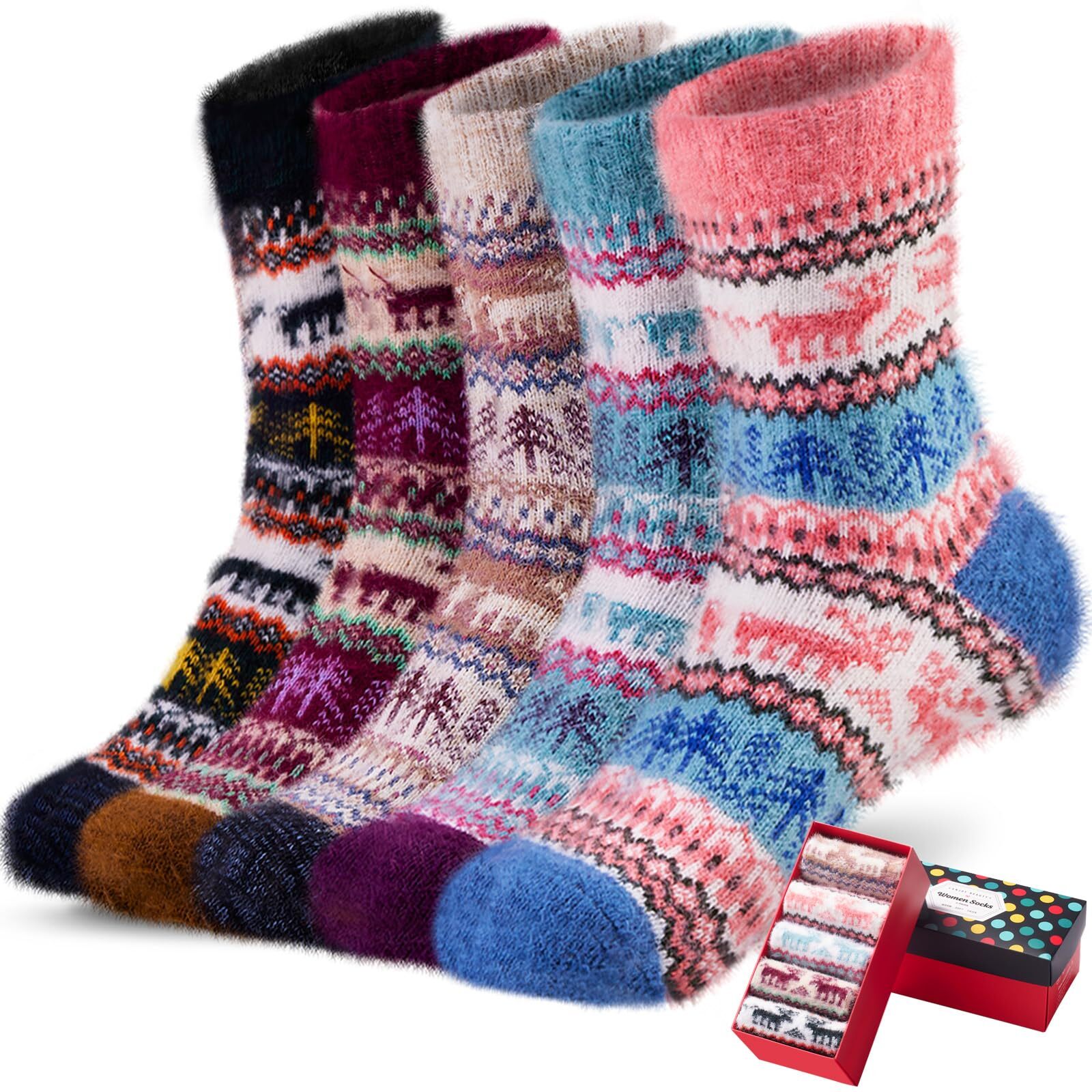Socks Women Soft Knit Wool Winter Thick Warm Cabin Fuzzy Crew Women Socks 5 P...-image