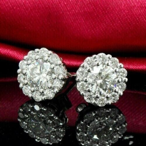 2.50Ct Lab Created Diamond Round Halo Stud Earrings 14K White Gold Silver Plated