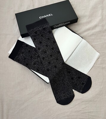 Auth Chanel 24B Classic CC Logo Knee High Shiny Mesh Black Socks