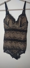 Lace Bodysuit Large Romantic Black Sheer Floral Motif Deep Sweetheart Neckline