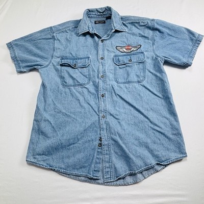 Harley Davidson Denim Shirt Mens XL Light Wash Short Sleeve Winged Logo