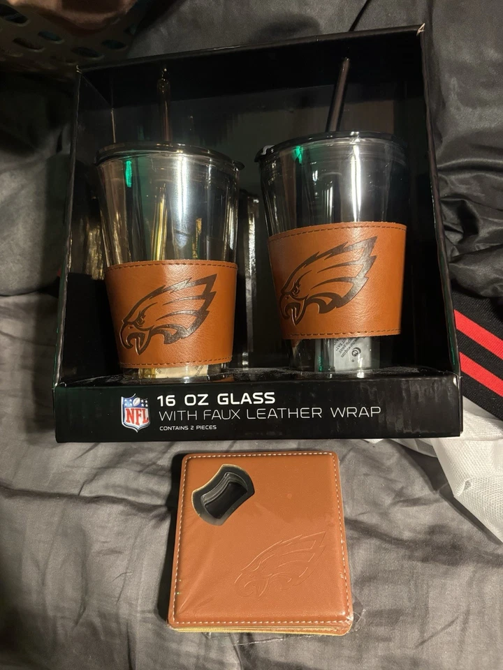 Copos de vidro Philadelphia Eagles 16 oz com envoltório de couro sintético + conjunto de montanha-russa NOVO - Imagem 2 de 4