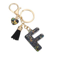 Initial Letter Keychain Cute Letter-F Bling Love Tassel Floral Charm Black