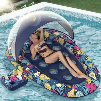 3-in-1 Pool Floats w/ Canopy & Cup Holder, 73'' x 48'' Inflatable Pool Floats.  F1