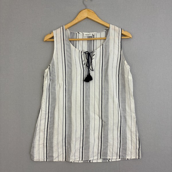 Jeanswest Top Womens 12 White Blue Tank Striped Tassel Tie Split Neck Beach Boho