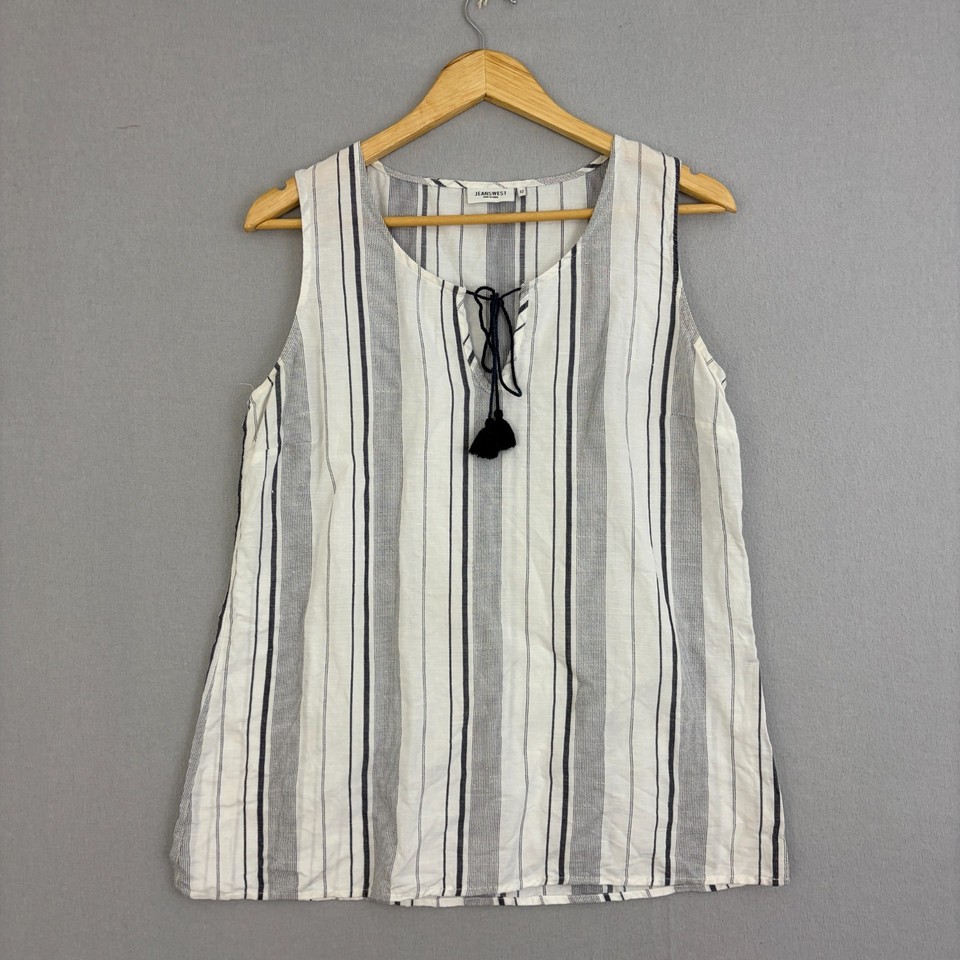 Jeanswest Top Womens 12 White Blue Tank Striped Tassel Tie Split Neck Beach Boho