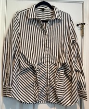 Women's Ann Taylor Grey & White Striped LS Button Up Blouse Tie Front Size 16
