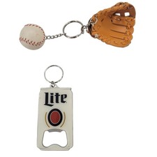 Lote de 2 Llaveros Guante de Béisbol Pelota y Miller Lite Abridor de Botellas Barra Herramienta