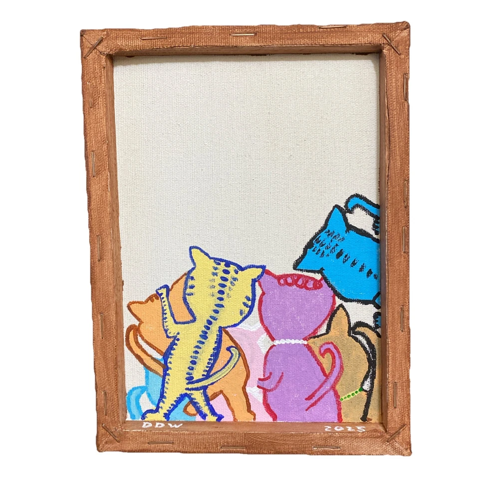 6x8 Раскрашенные вручную с ОБЕИХ сторон Голодные Кошки, Глядящие в Окно, Подписанный Оригинал - Изображение 2 из 2