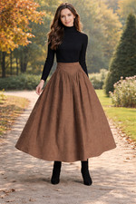 Elegant High-Waist Brown Wool Midi Skirt  Classic Winter Warm Wool Blend Skirts