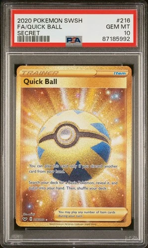 2020 POKEMON SWORD & SHIELD SECRET #216 FULL ART/QUICK BALL PSA 10