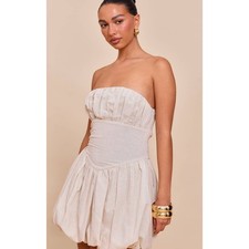 PrettyLittleThing Linen Blend Strapless Mini Dress Bubble Hem Ruched Beige Sz 0