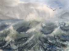 Original Artwork Modern Painting Landscape BIRD SKY SEA WAVE Art Seascape GiftA4