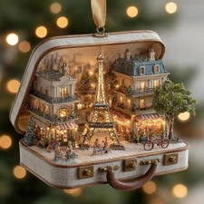 Lighted Paris Suitcase 2D Ornament, Eiffel Tower Christmas Decor,
