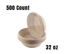 500 Count - Round Disposable Bowls with Lids Natural Sugarcane Bagasse 32 oz.