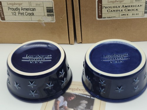 Longaberger Pottery Proudly American Blue Crock Star Dish Bowl Candle Holder - Picture 2 of 2
